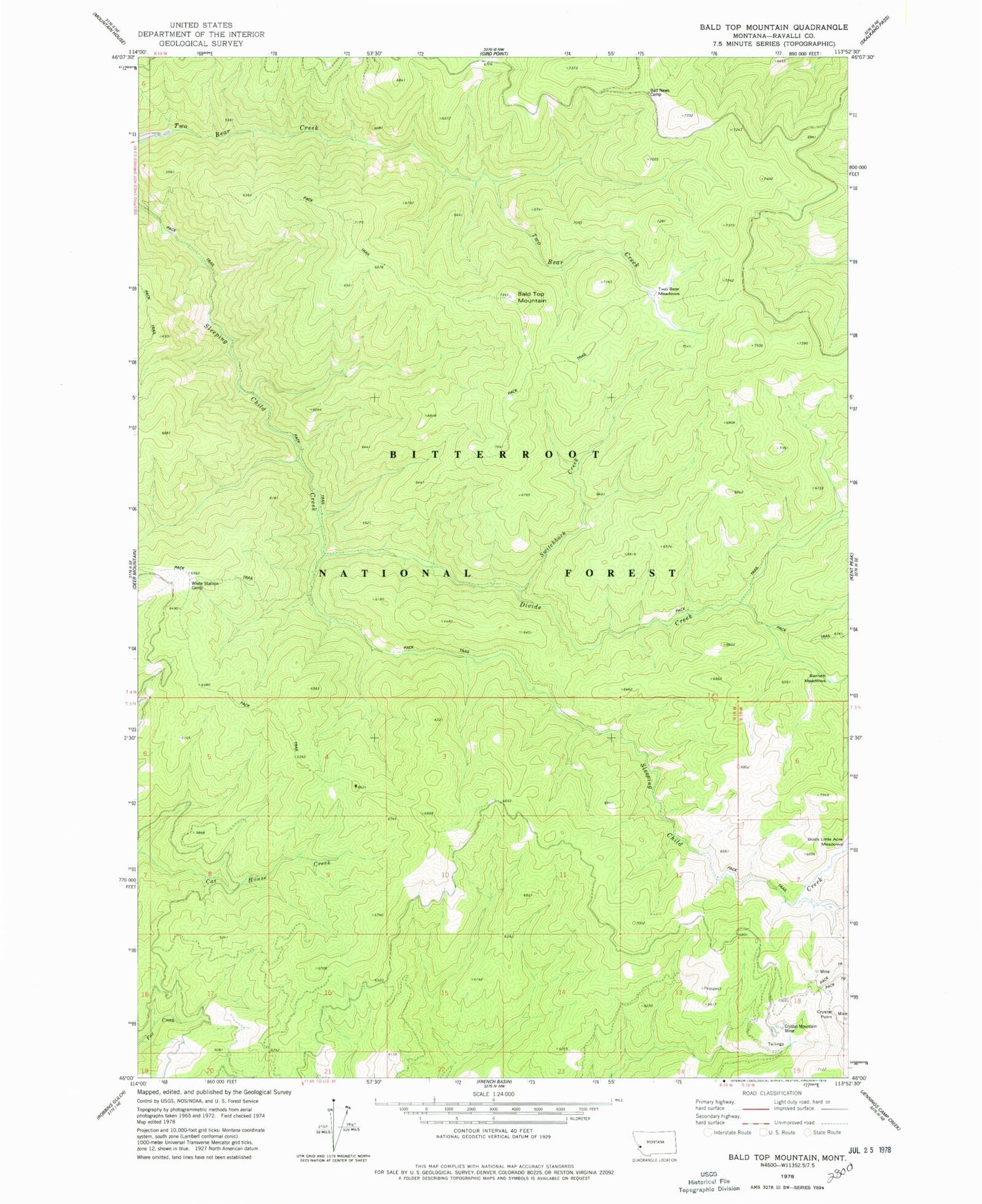 Classic USGS Bald Top Mountain Montana 7.5'x7.5' Topo Map Image