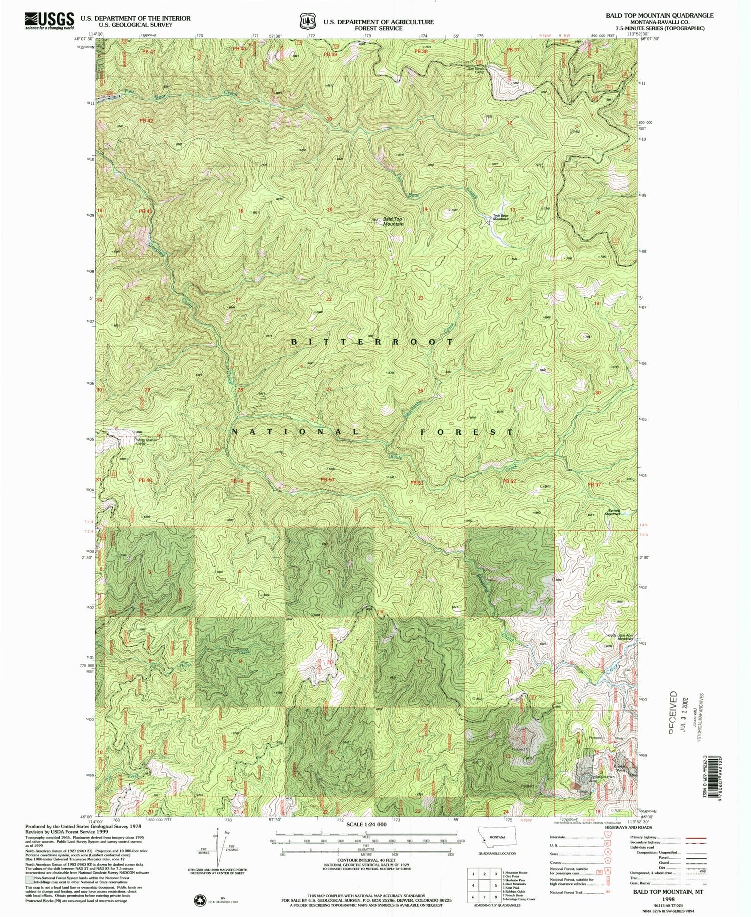 Classic USGS Bald Top Mountain Montana 7.5'x7.5' Topo Map Image