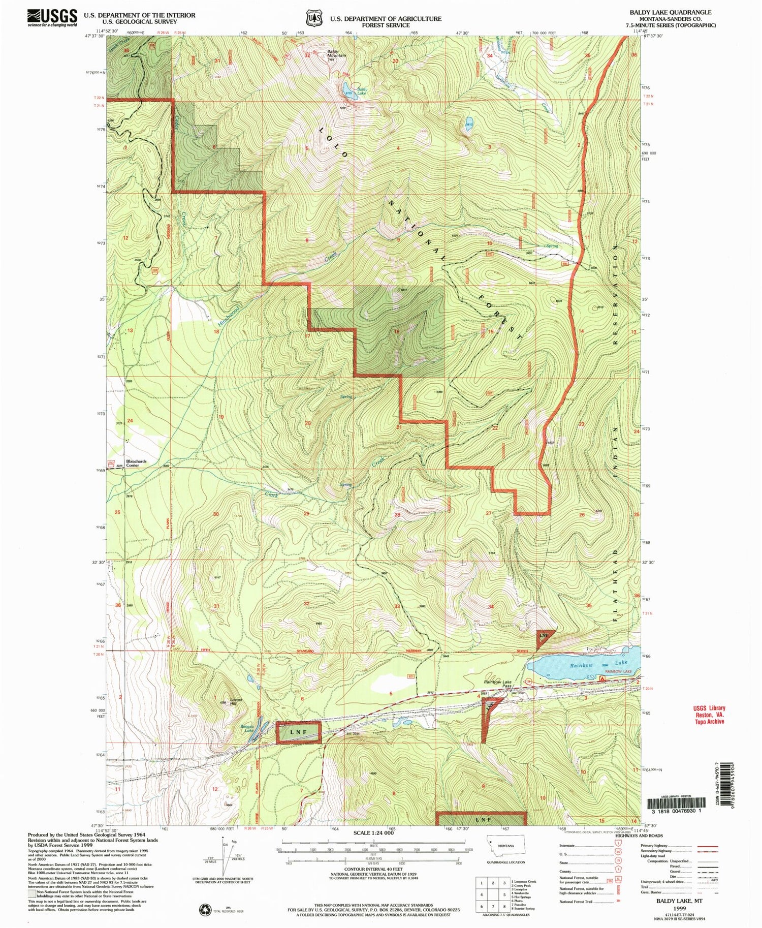 Classic USGS Baldy Lake Montana 7.5'x7.5' Topo Map Image