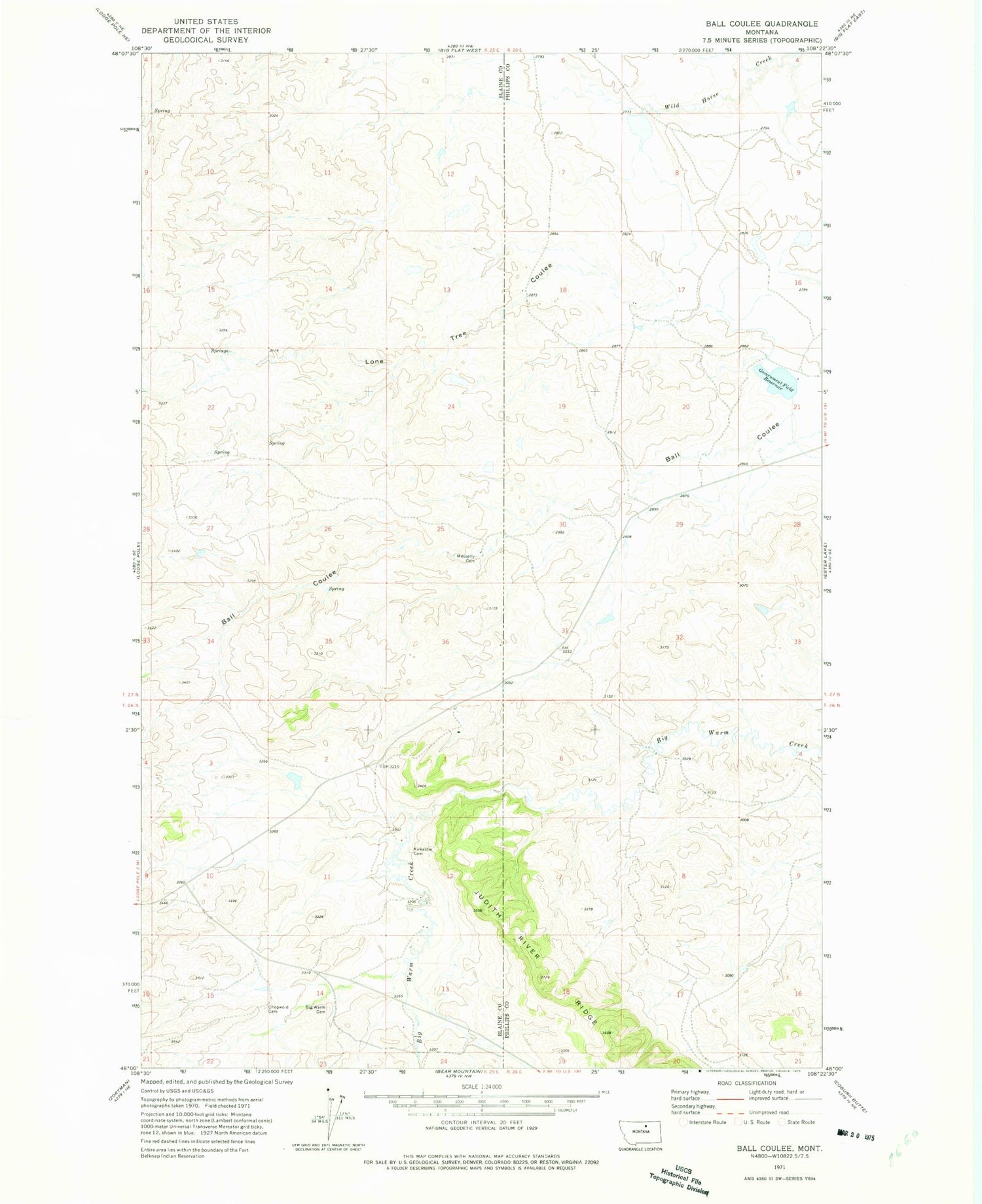 Classic USGS Ball Coulee Montana 7.5'x7.5' Topo Map Image