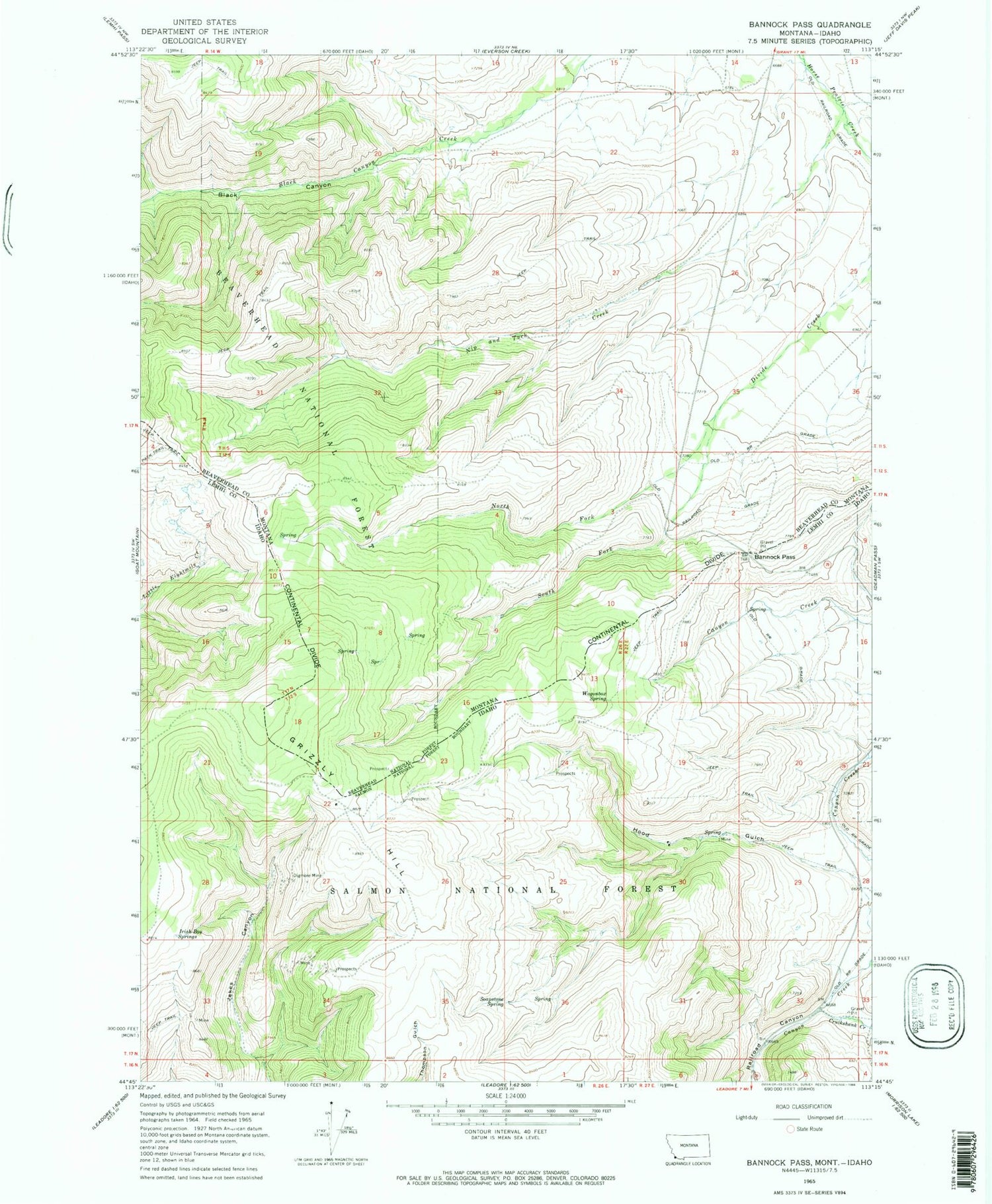 Classic USGS Bannock Pass Montana 7.5'x7.5' Topo Map Image