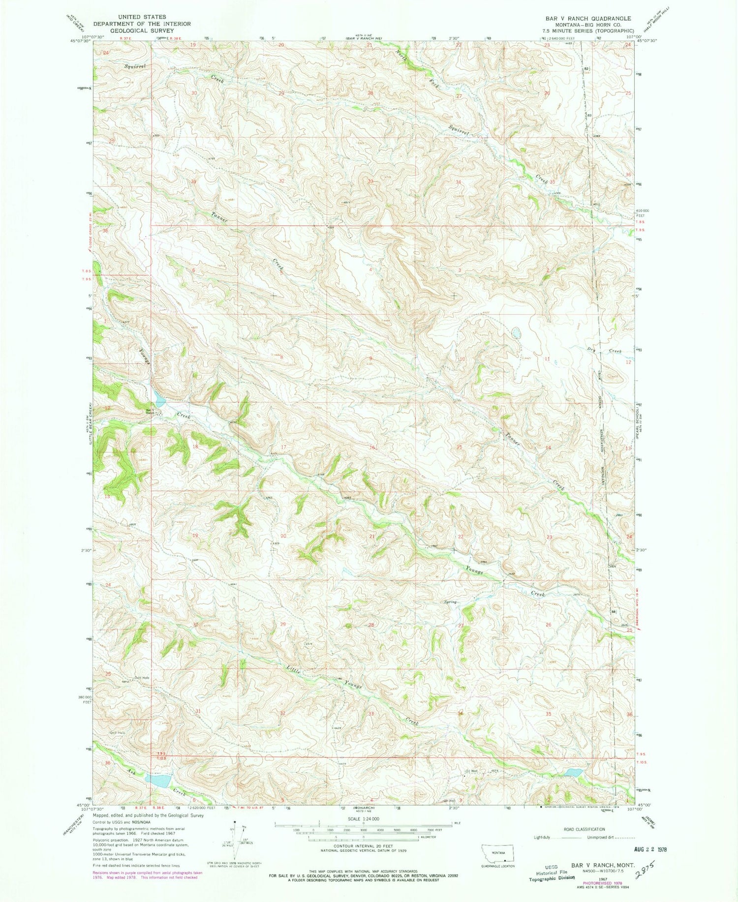 Classic USGS Bar V Ranch Montana 7.5'x7.5' Topo Map Image