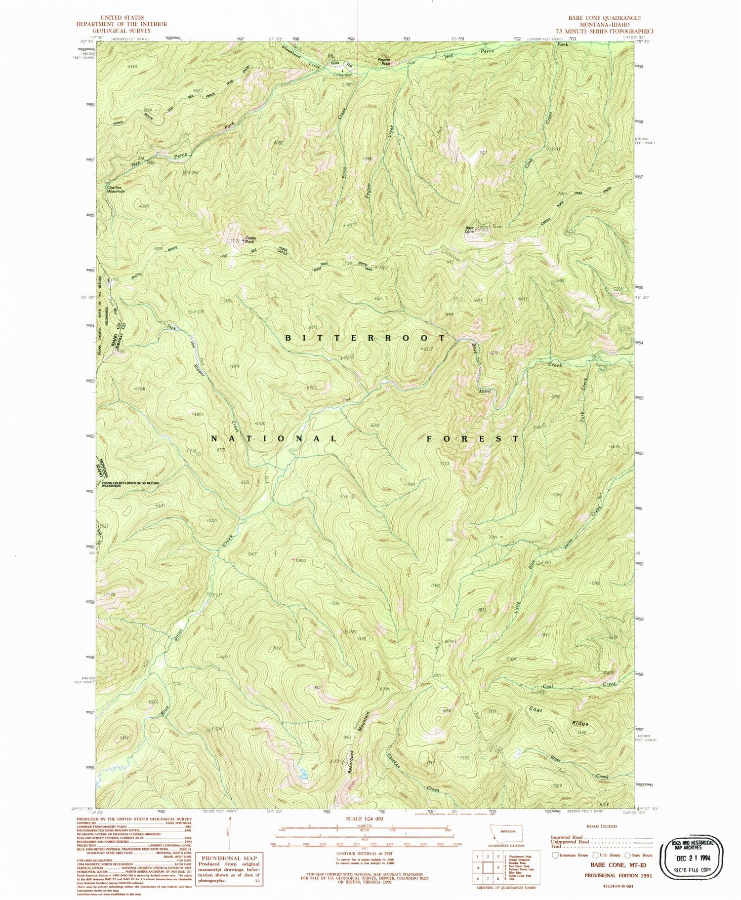 Classic USGS Bare Cone Montana 7.5'x7.5' Topo Map Image