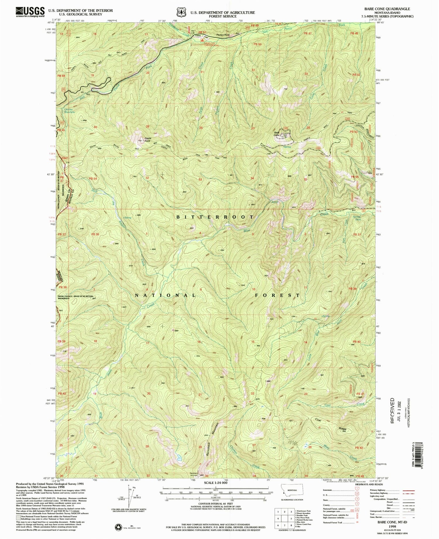 Classic USGS Bare Cone Montana 7.5'x7.5' Topo Map Image