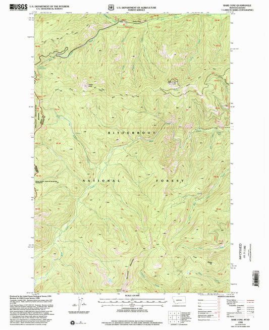 Classic USGS Bare Cone Montana 7.5'x7.5' Topo Map Image