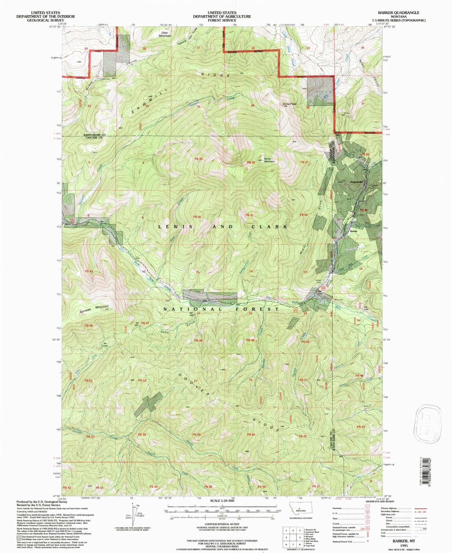 Classic USGS Barker Montana 7.5'x7.5' Topo Map Image