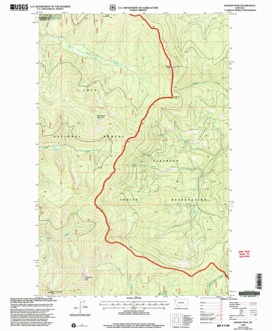 Classic USGS Bassoo Peak Montana 7.5'x7.5' Topo Map Image