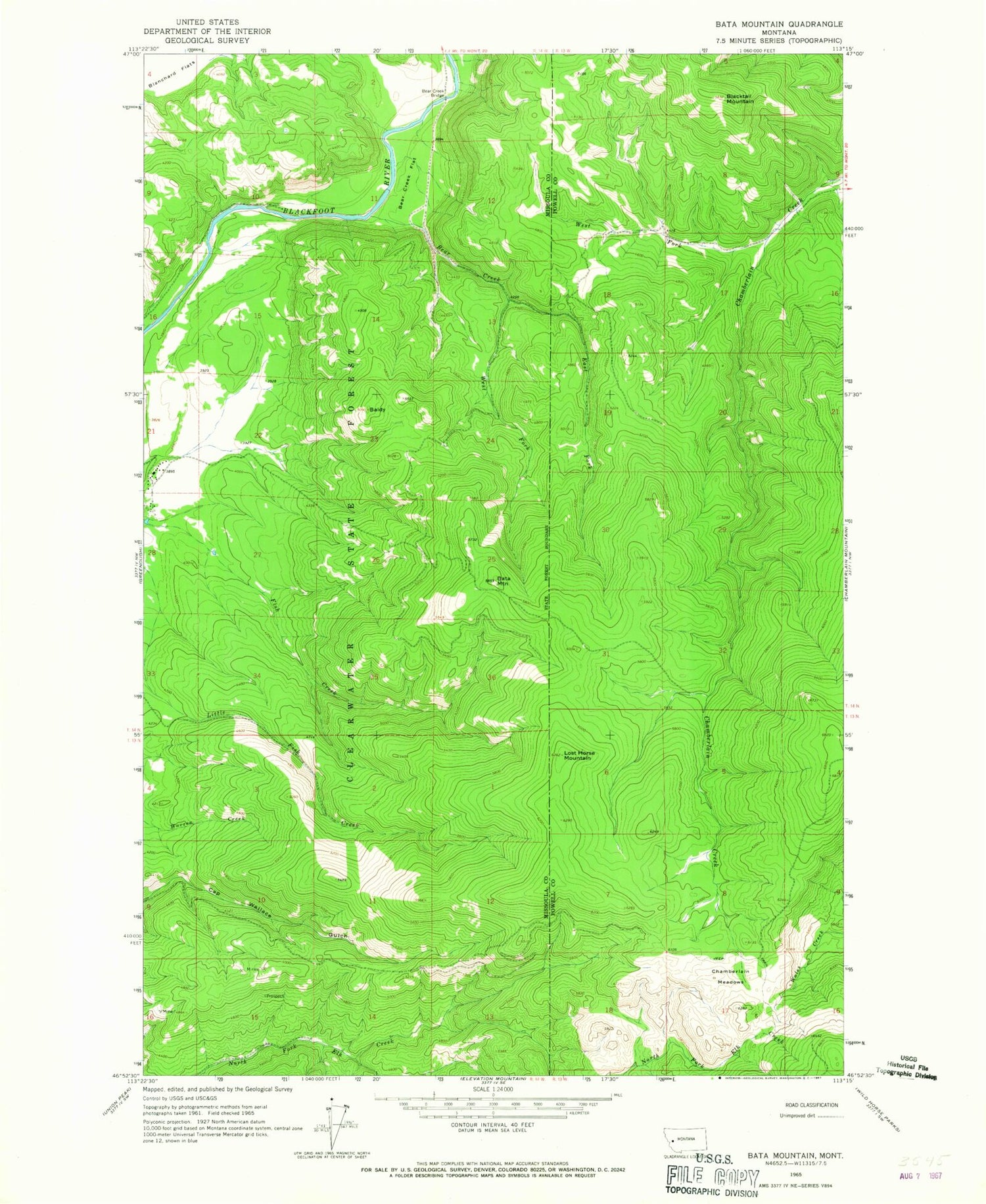 Classic USGS Bata Mountain Montana 7.5'x7.5' Topo Map Image