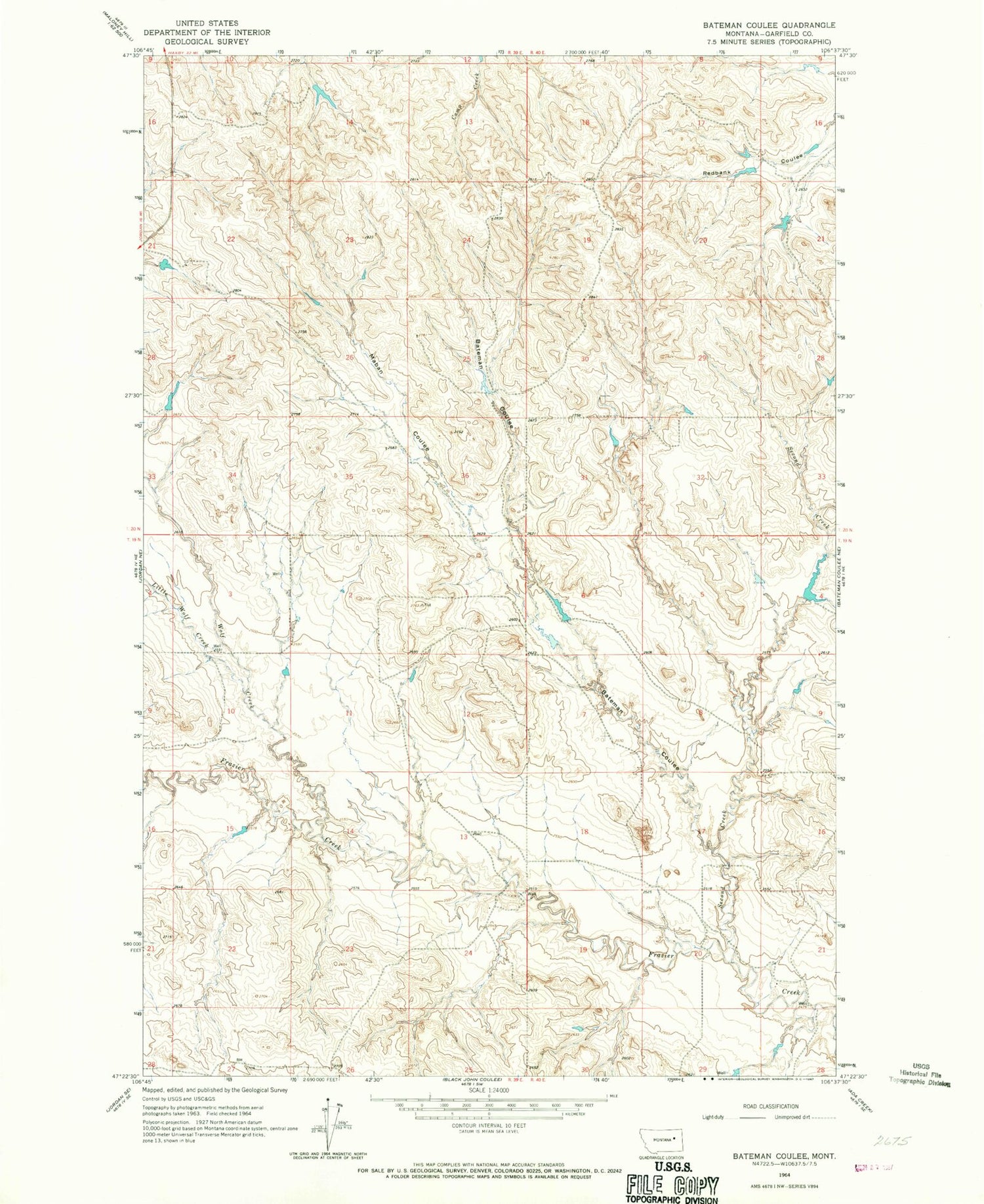 Classic USGS Bateman Coulee Montana 7.5'x7.5' Topo Map Image