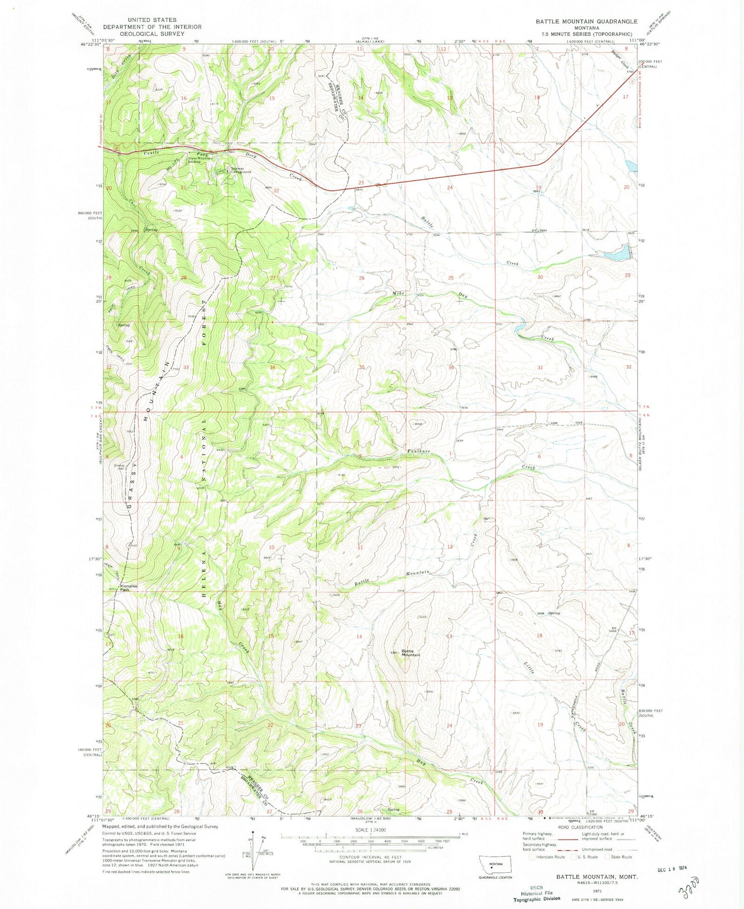 Classic USGS Battle Mountain Montana 7.5'x7.5' Topo Map Image
