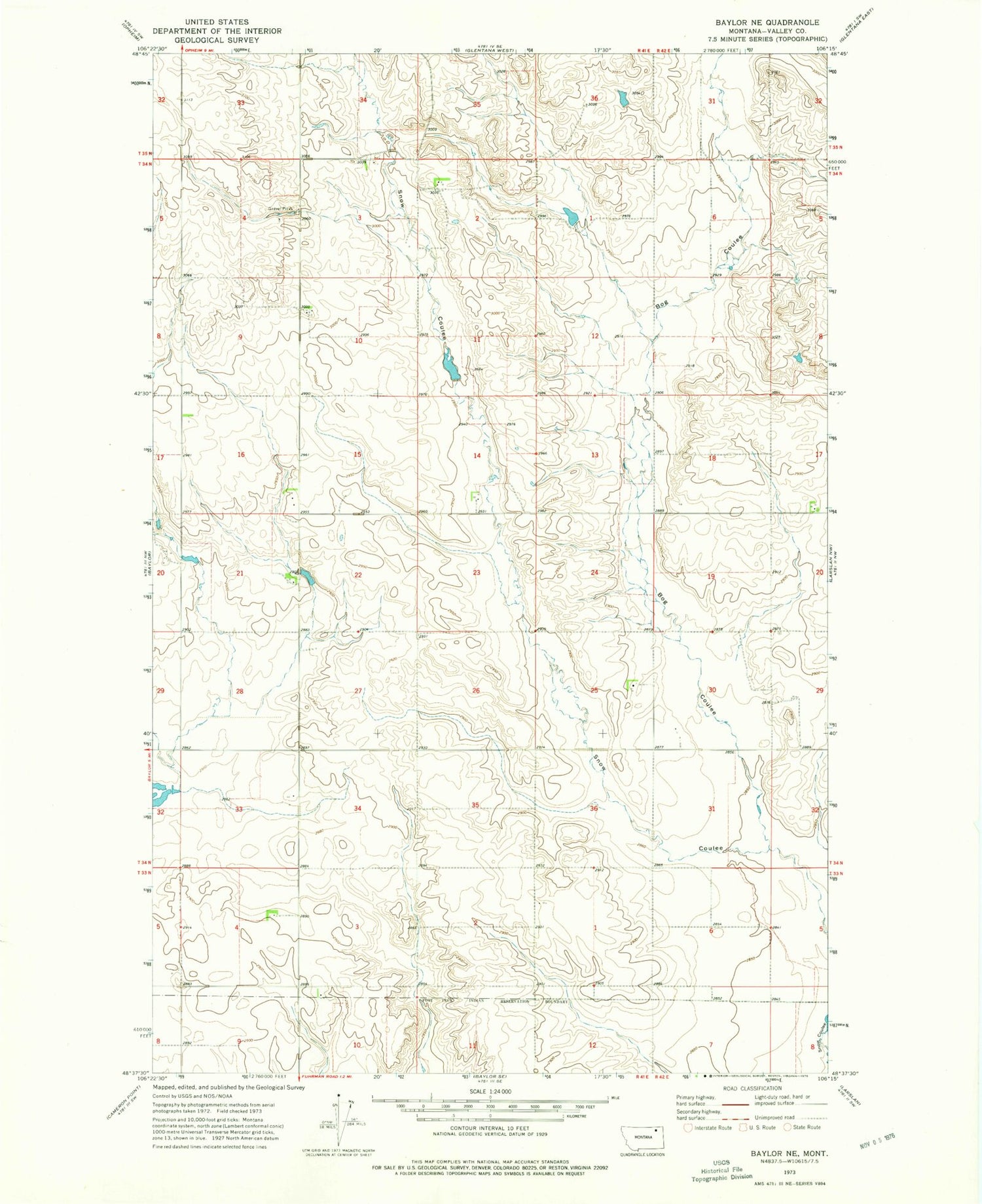 Classic USGS Baylor NE Montana 7.5'x7.5' Topo Map Image