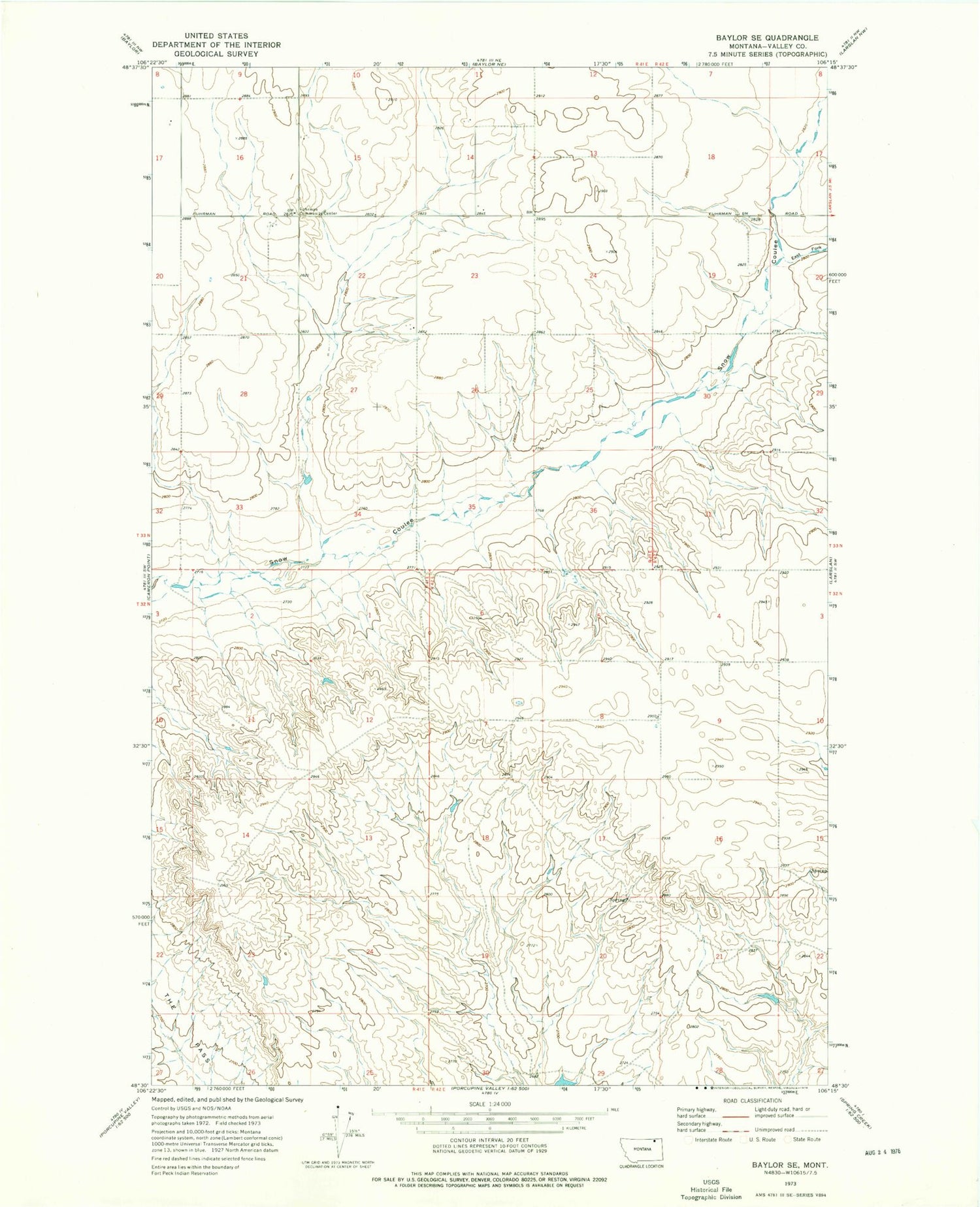 Classic USGS Baylor SE Montana 7.5'x7.5' Topo Map Image