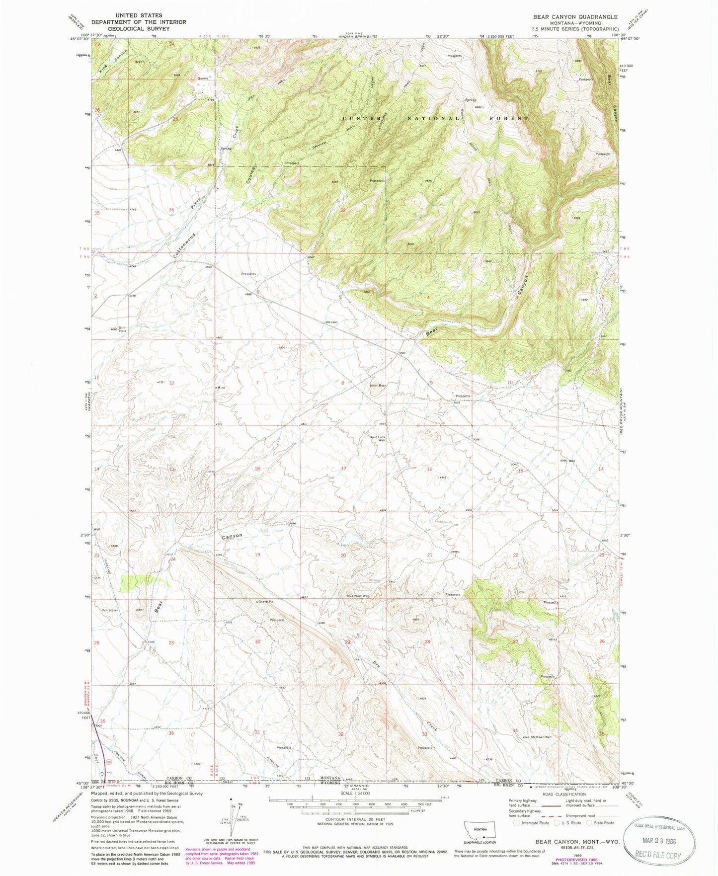 Classic USGS Bear Canyon Montana 7.5'x7.5' Topo Map Image