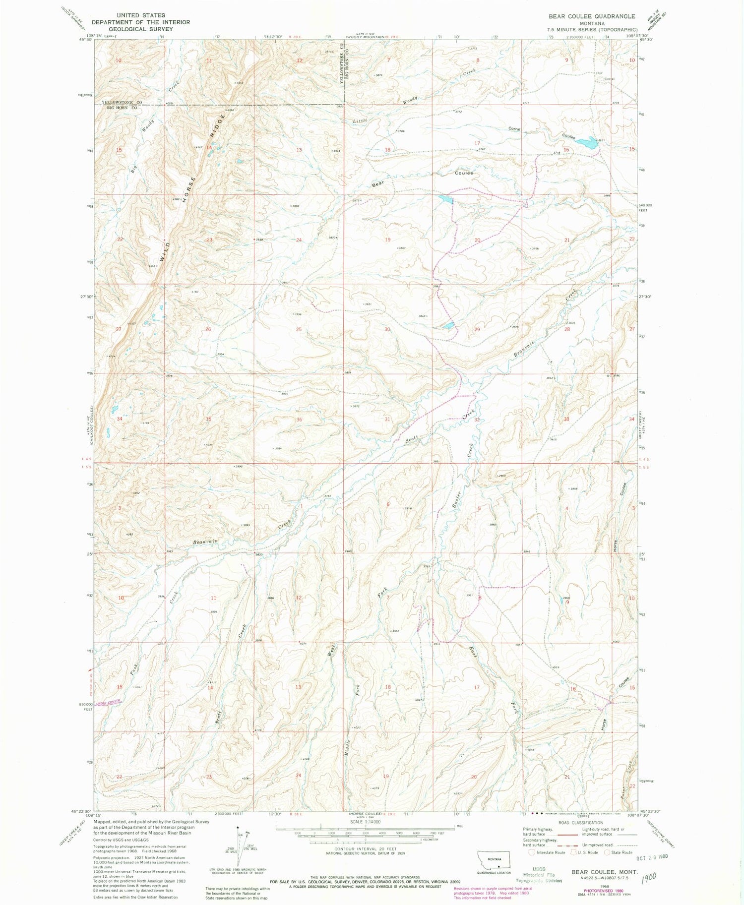 Classic USGS Bear Coulee Montana 7.5'x7.5' Topo Map Image