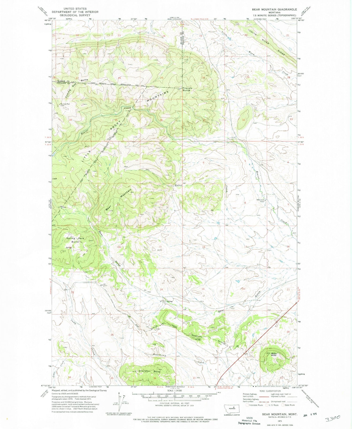 Classic USGS Bear Mountain Montana 7.5'x7.5' Topo Map Image