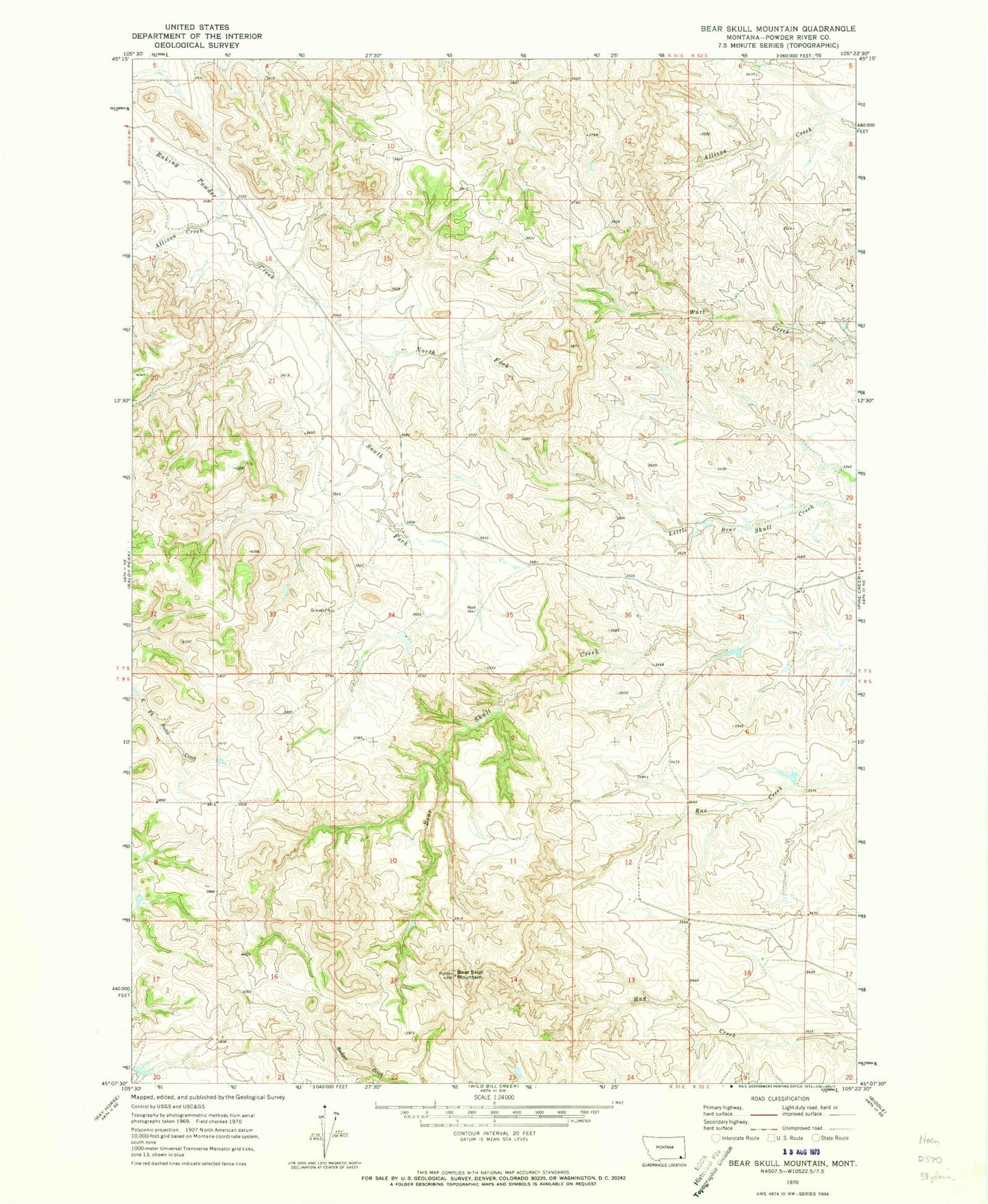 Classic USGS Bear Skull Mountain Montana 7.5'x7.5' Topo Map Image