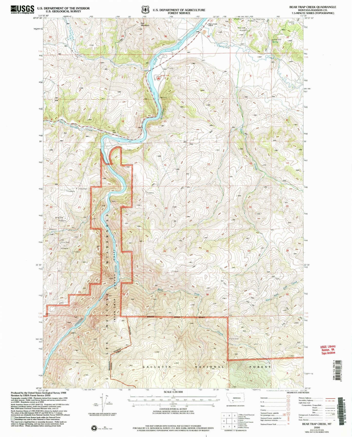 Classic USGS Bear Trap Creek Montana 7.5'x7.5' Topo Map Image