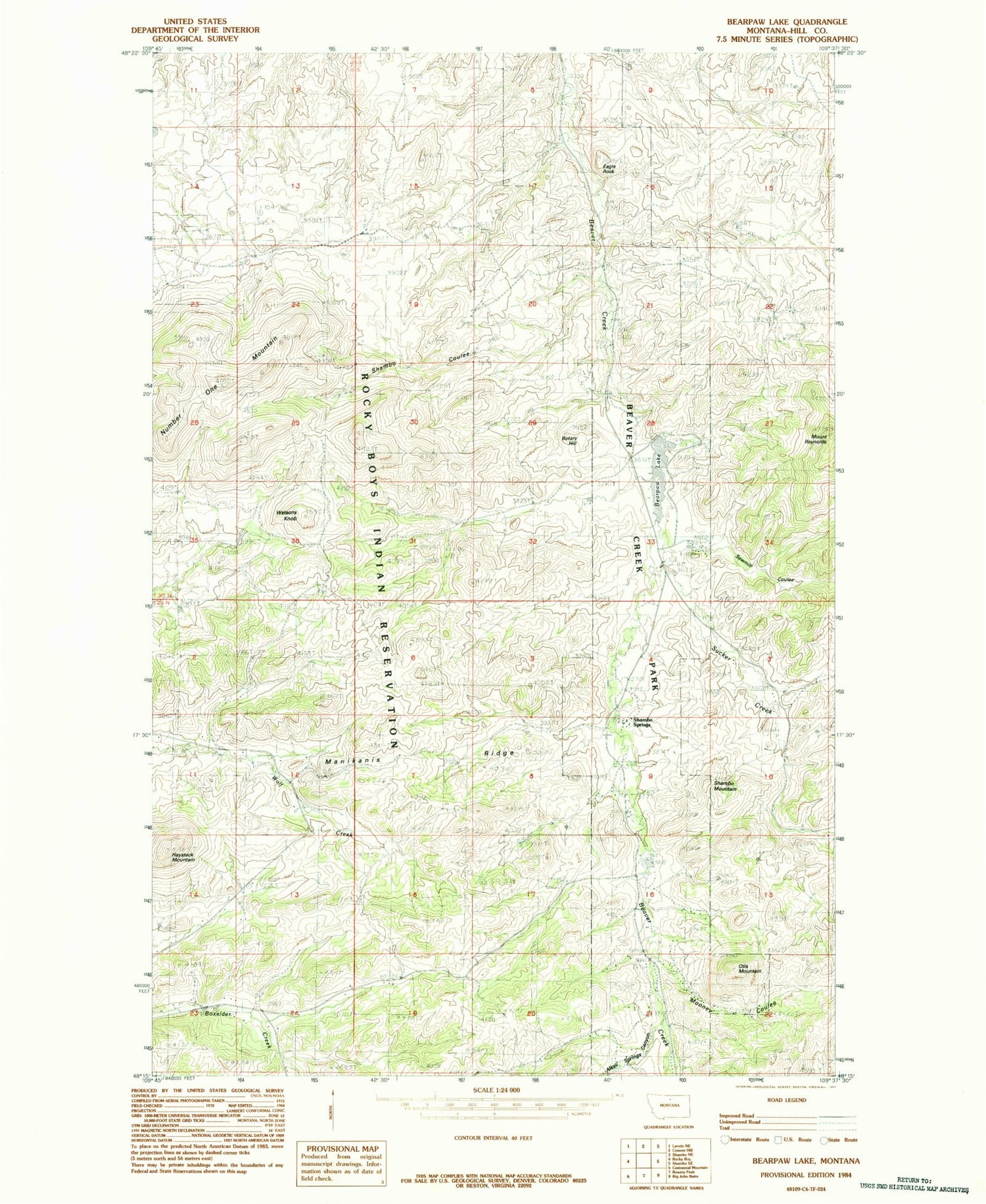 Classic USGS Bearpaw Lake Montana 7.5'x7.5' Topo Map Image