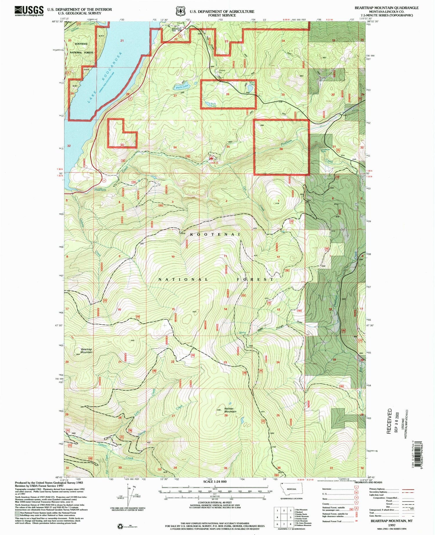 Classic USGS Beartrap Mountain Montana 7.5'x7.5' Topo Map Image
