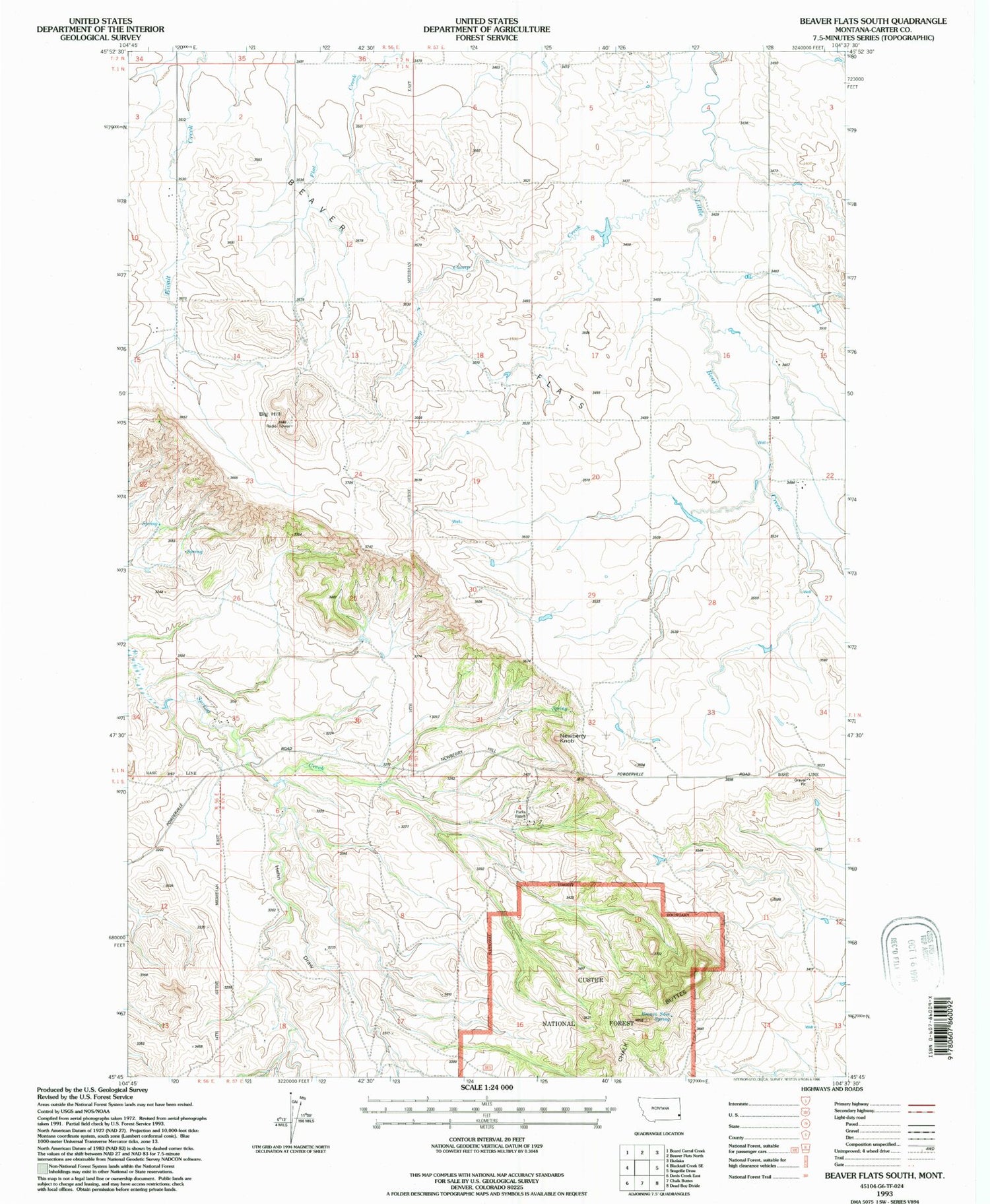 Classic USGS Beaver Flats South Montana 7.5'x7.5' Topo Map Image