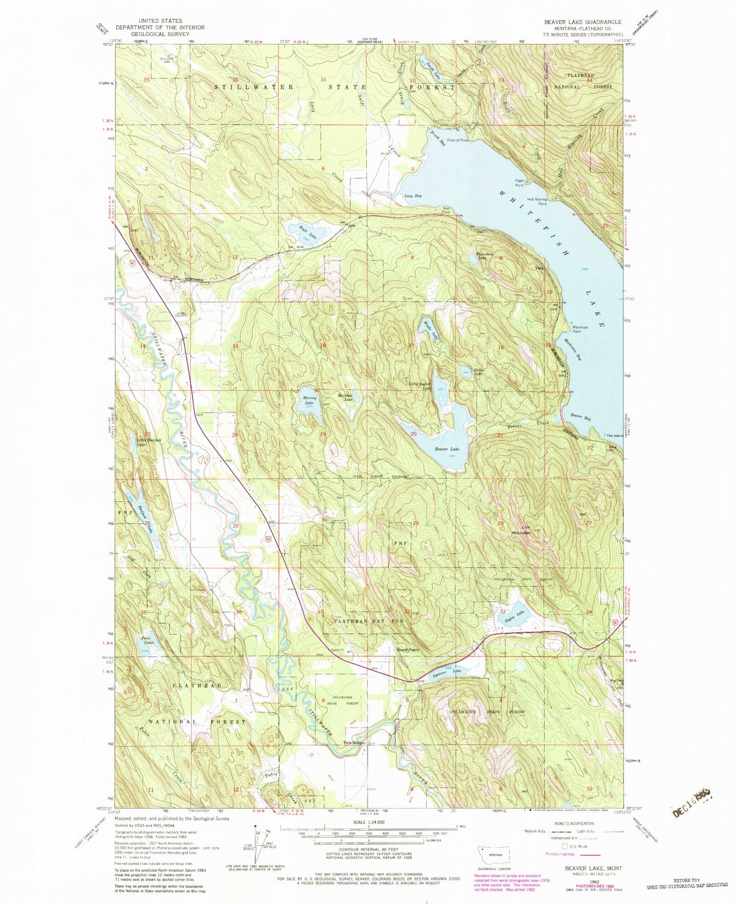 Classic USGS Beaver Lake Montana 7.5'x7.5' Topo Map Image