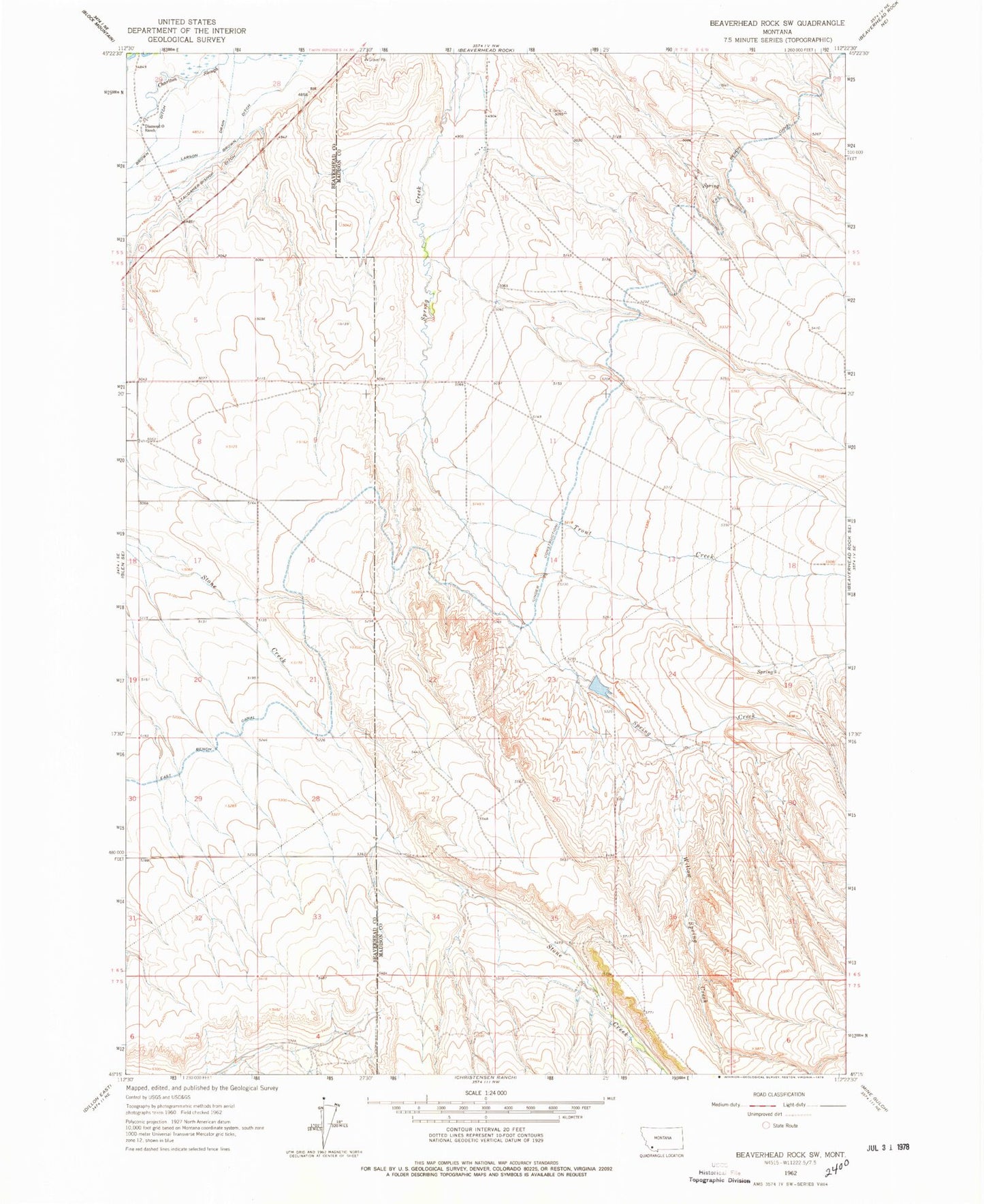 Classic USGS Beaverhead Rock SW Montana 7.5'x7.5' Topo Map Image