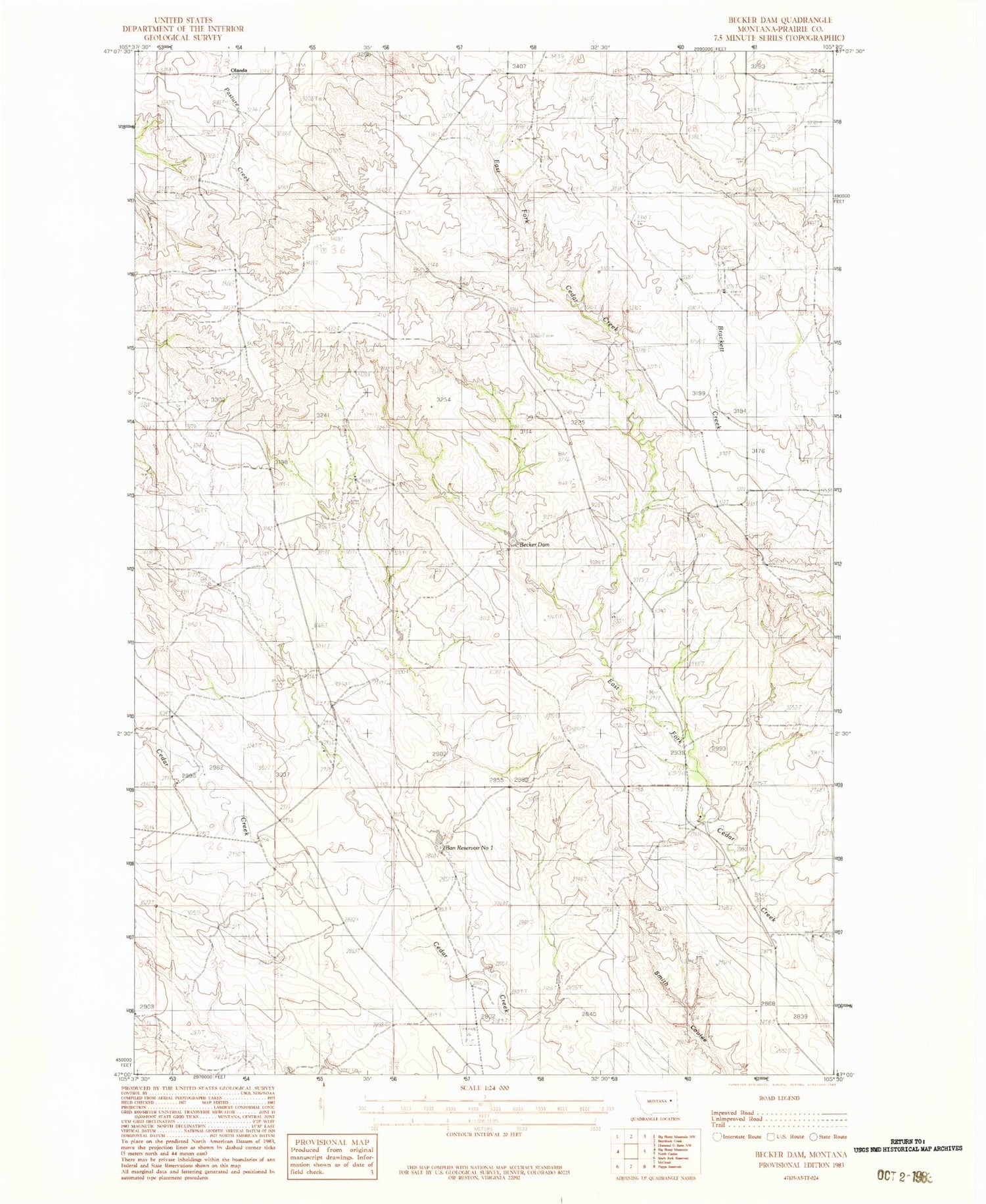 Classic USGS Becker Dam Montana 7.5'x7.5' Topo Map Image