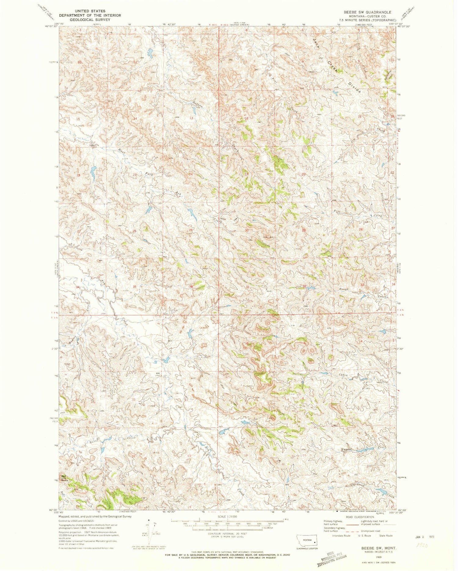 Classic USGS Beebe SW Montana 7.5'x7.5' Topo Map Image