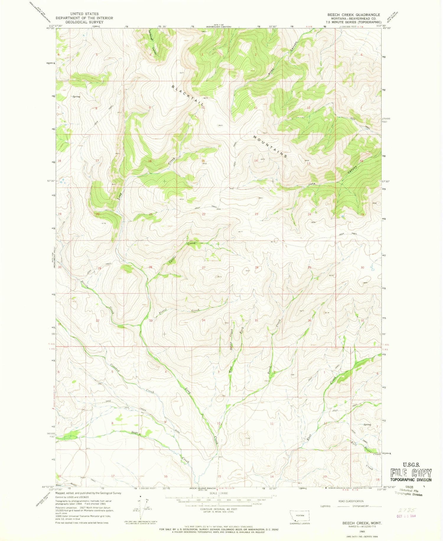 Classic USGS Beech Creek Montana 7.5'x7.5' Topo Map Image