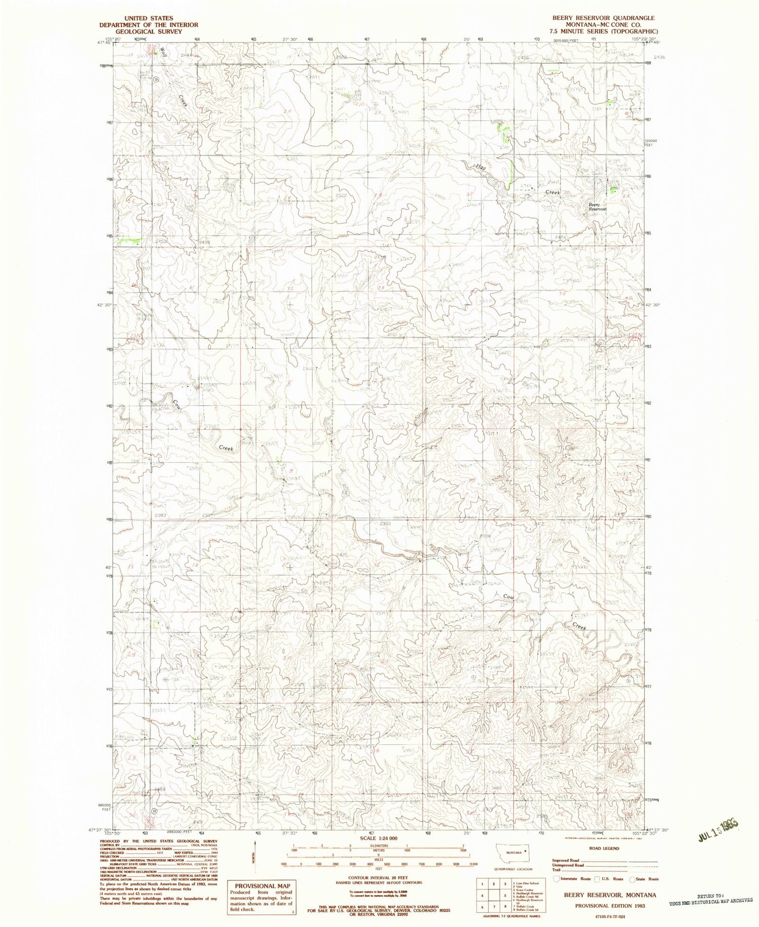 Classic USGS Beery Reservoir Montana 7.5'x7.5' Topo Map Image