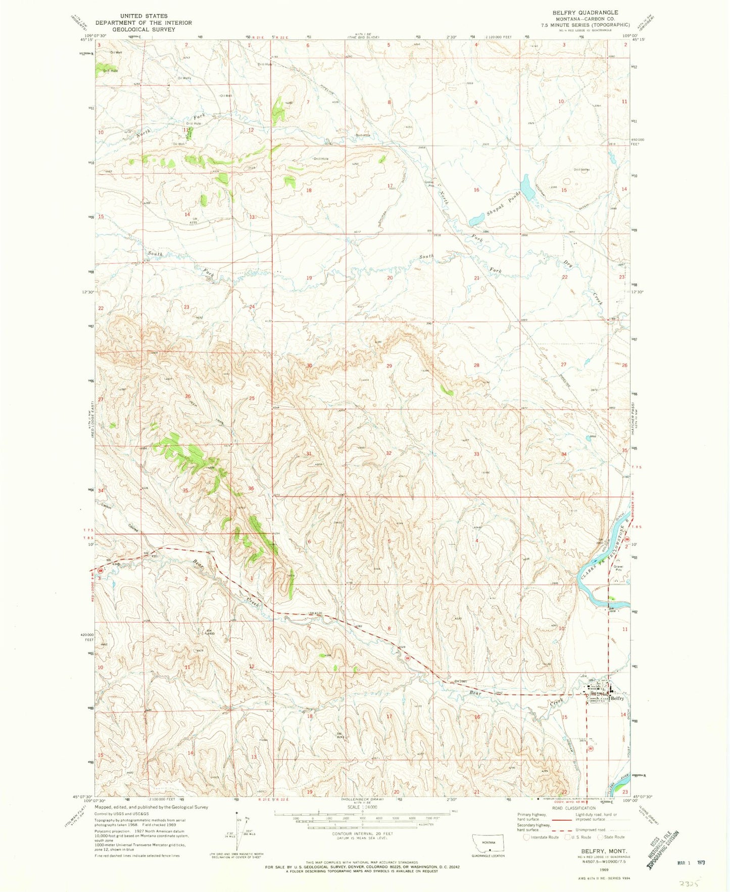Classic USGS Belfry Montana 7.5'x7.5' Topo Map Image
