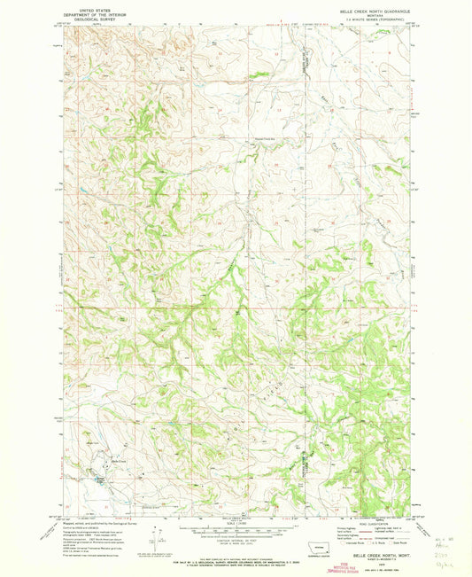 Classic USGS Belle Creek North Montana 7.5'x7.5' Topo Map Image