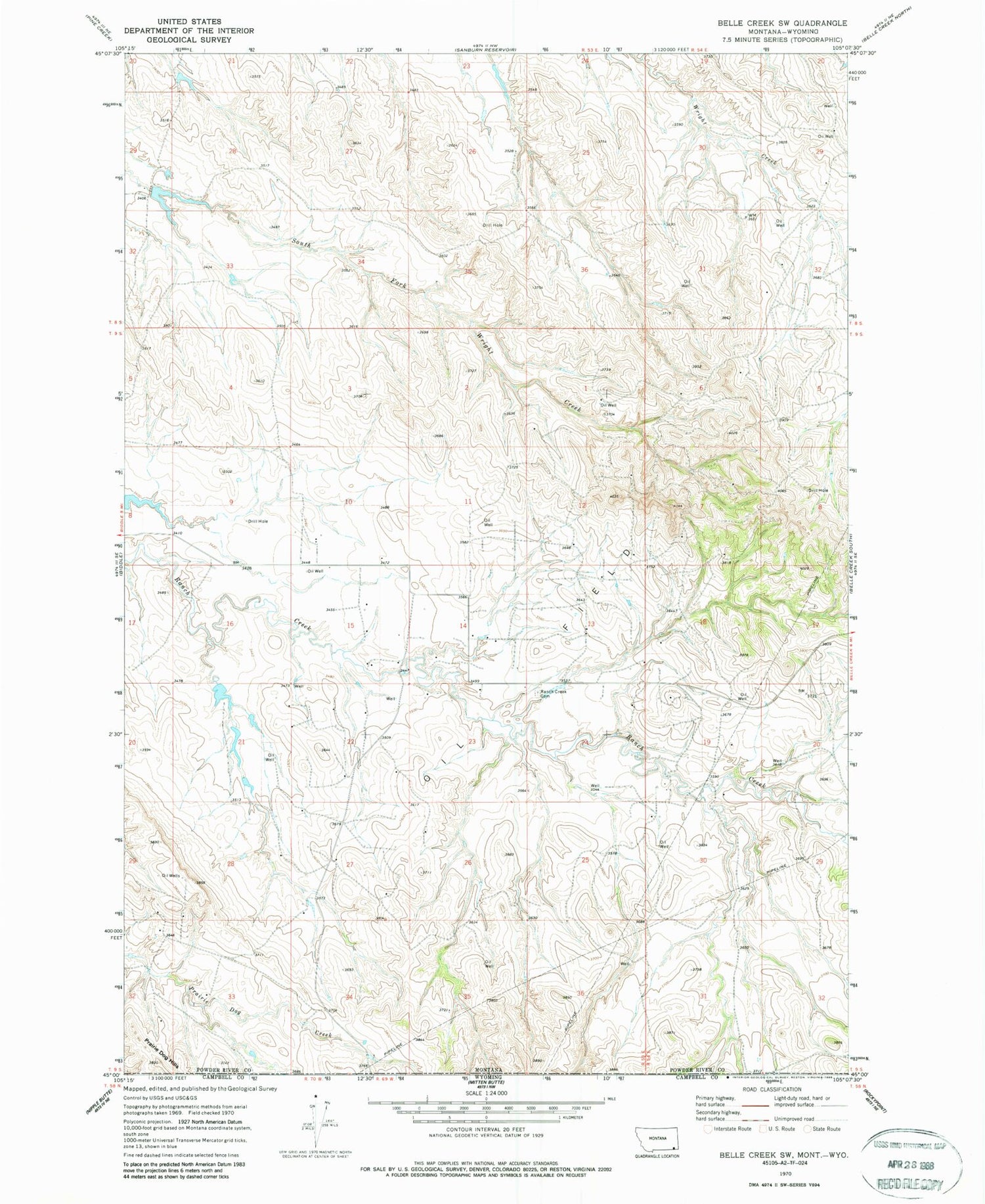 Classic USGS Belle Creek SW Montana 7.5'x7.5' Topo Map Image