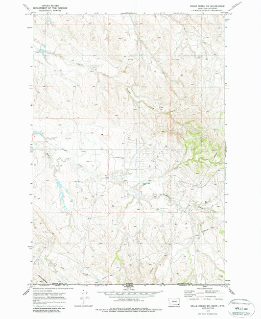 Classic USGS Belle Creek SW Montana 7.5'x7.5' Topo Map Image