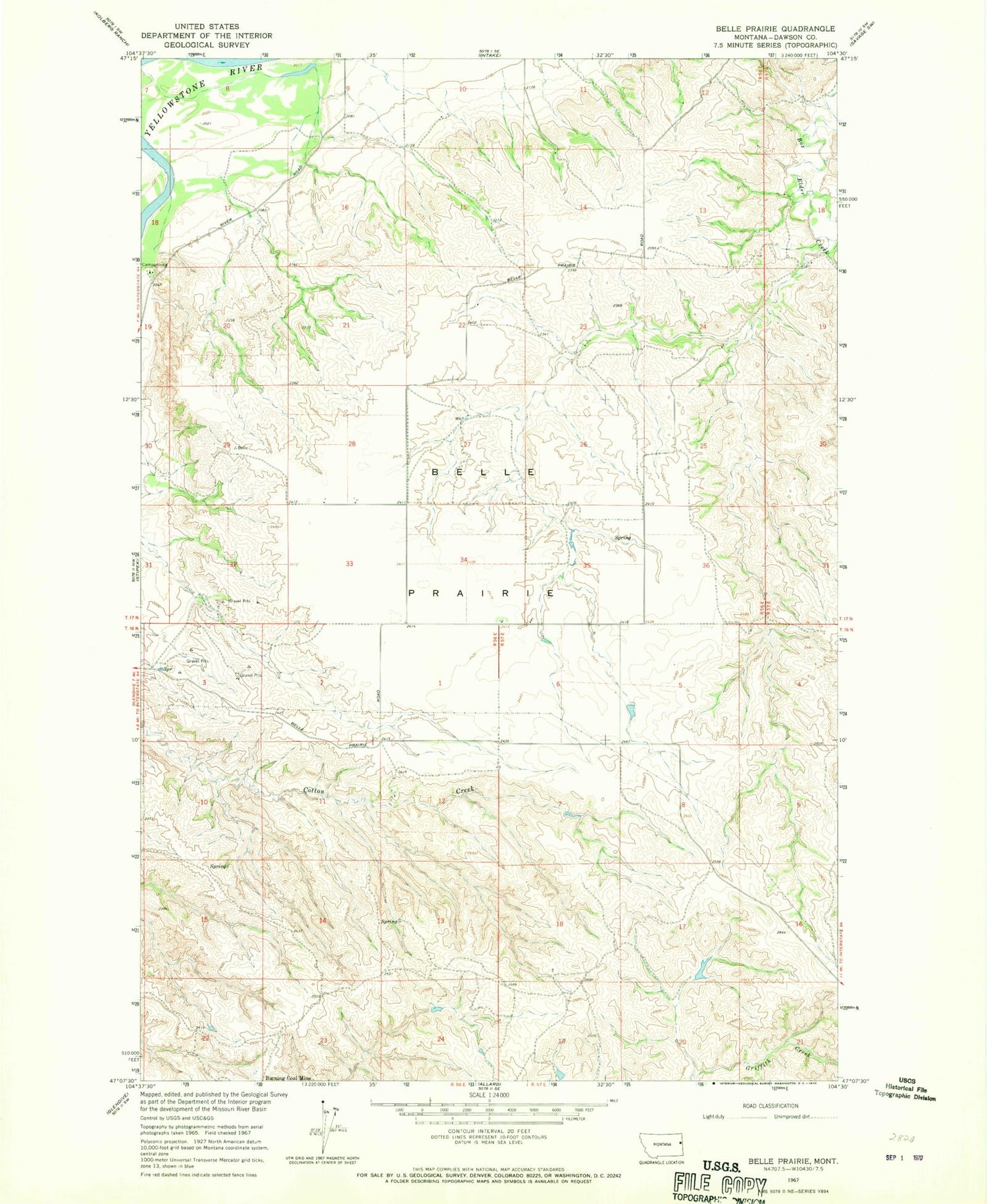Classic USGS Belle Prairie Montana 7.5'x7.5' Topo Map Image