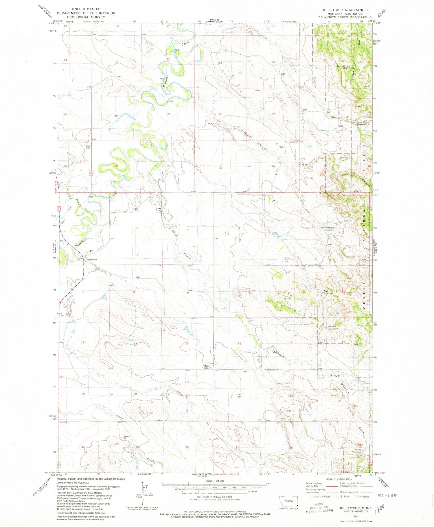 Classic USGS Belltower Montana 7.5'x7.5' Topo Map Image