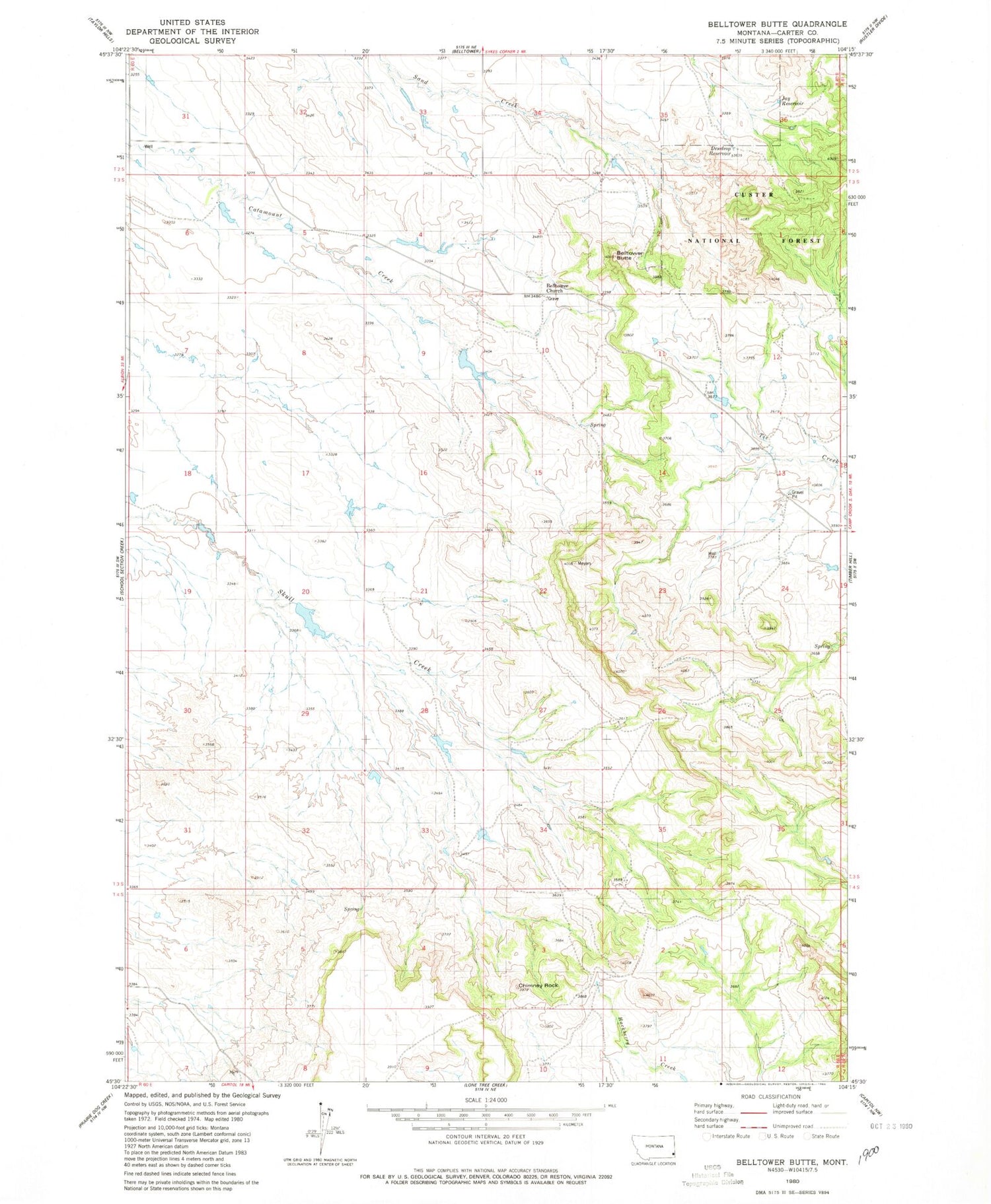 Classic USGS Belltower Butte Montana 7.5'x7.5' Topo Map Image