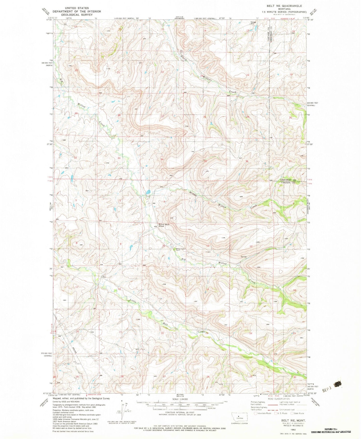 Classic USGS Belt NE Montana 7.5'x7.5' Topo Map Image
