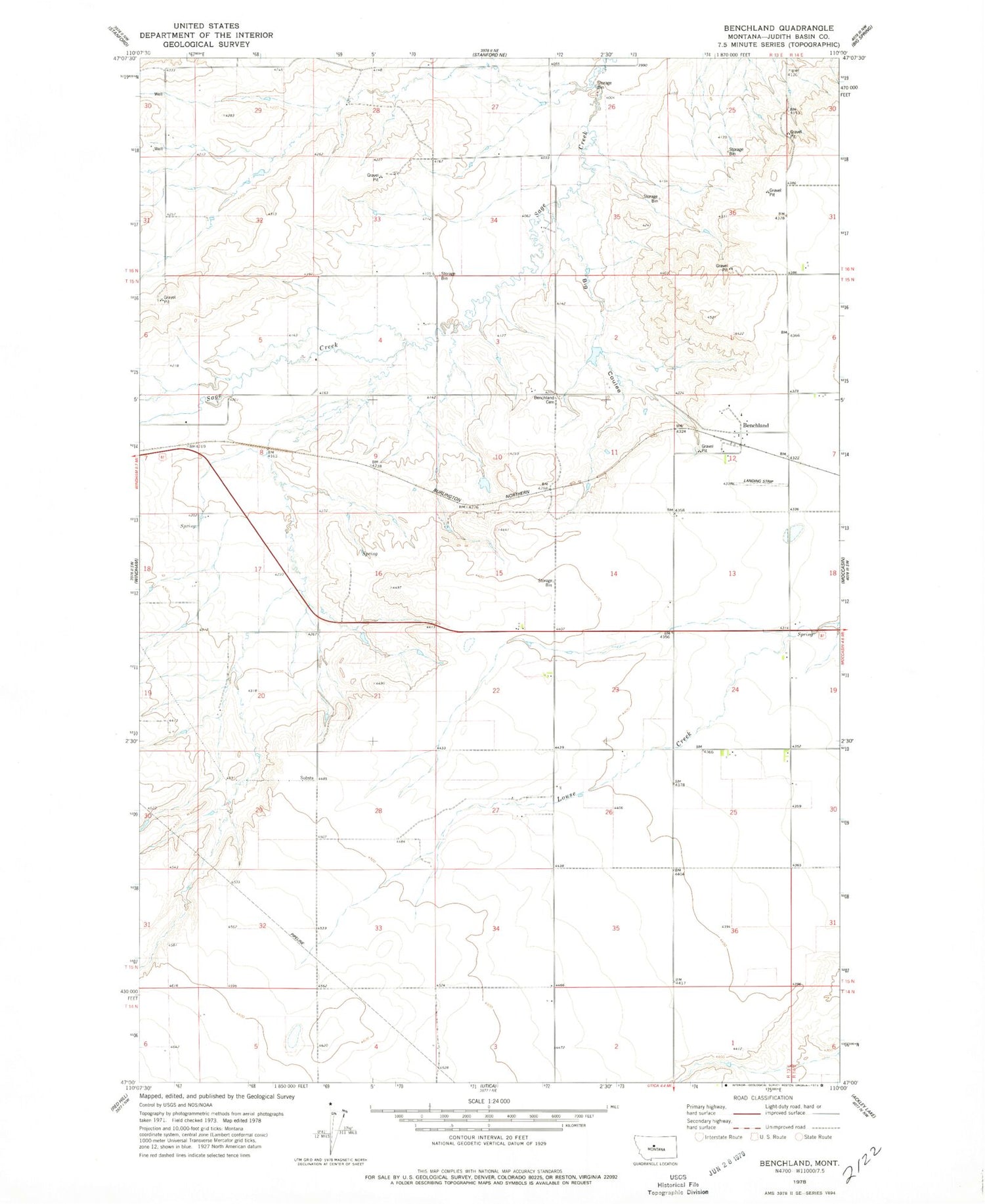 Classic USGS Benchland Montana 7.5'x7.5' Topo Map Image