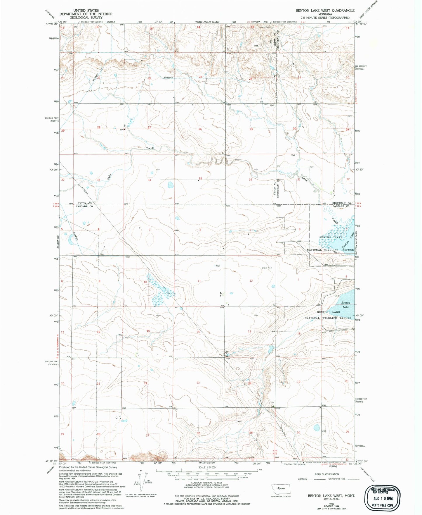 Classic USGS Benton Lake West Montana 7.5'x7.5' Topo Map Image