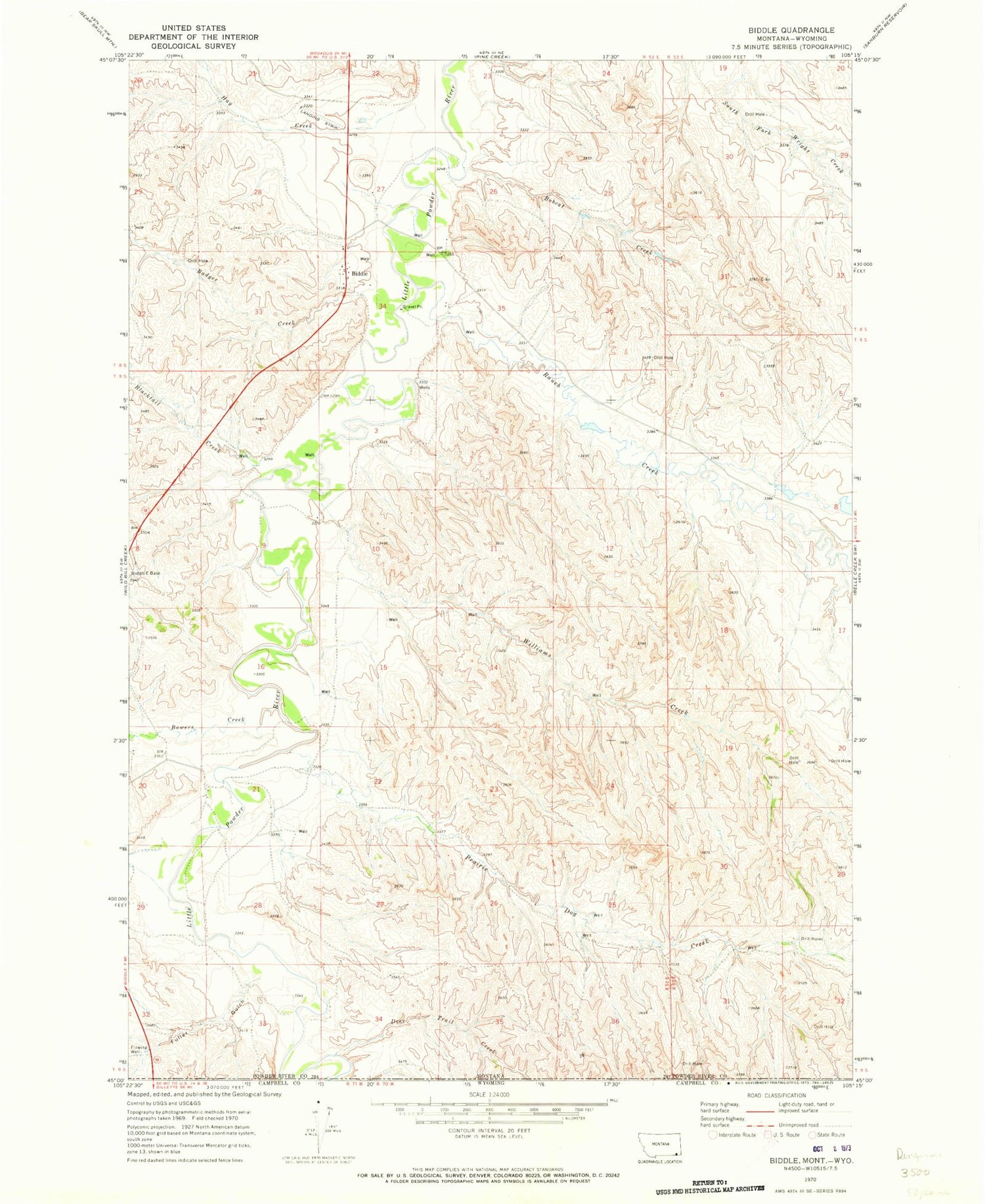 Classic USGS Biddle Montana 7.5'x7.5' Topo Map Image