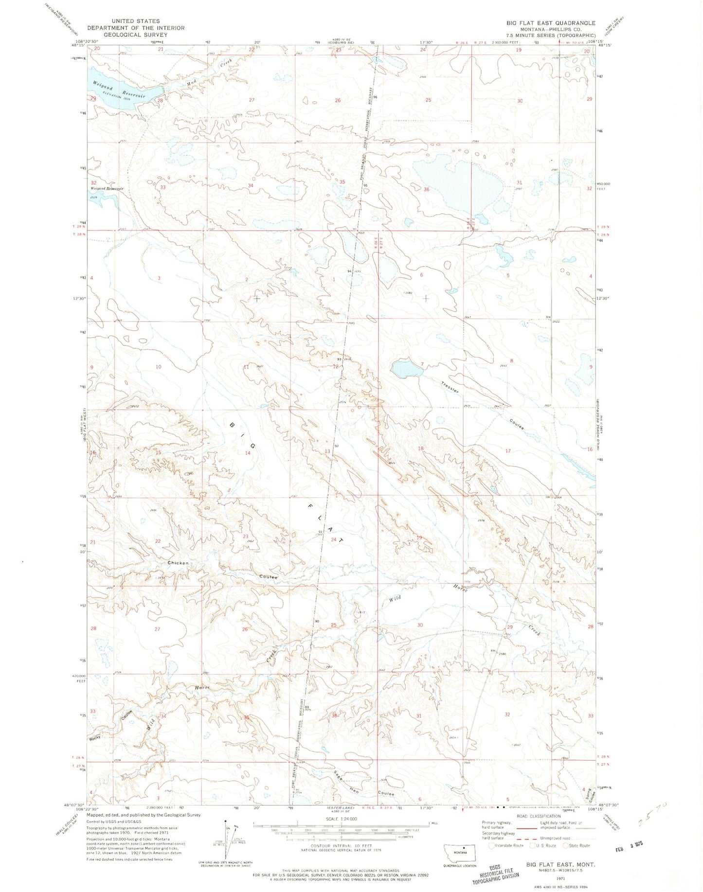 Classic USGS Big Flat East Montana 7.5'x7.5' Topo Map Image