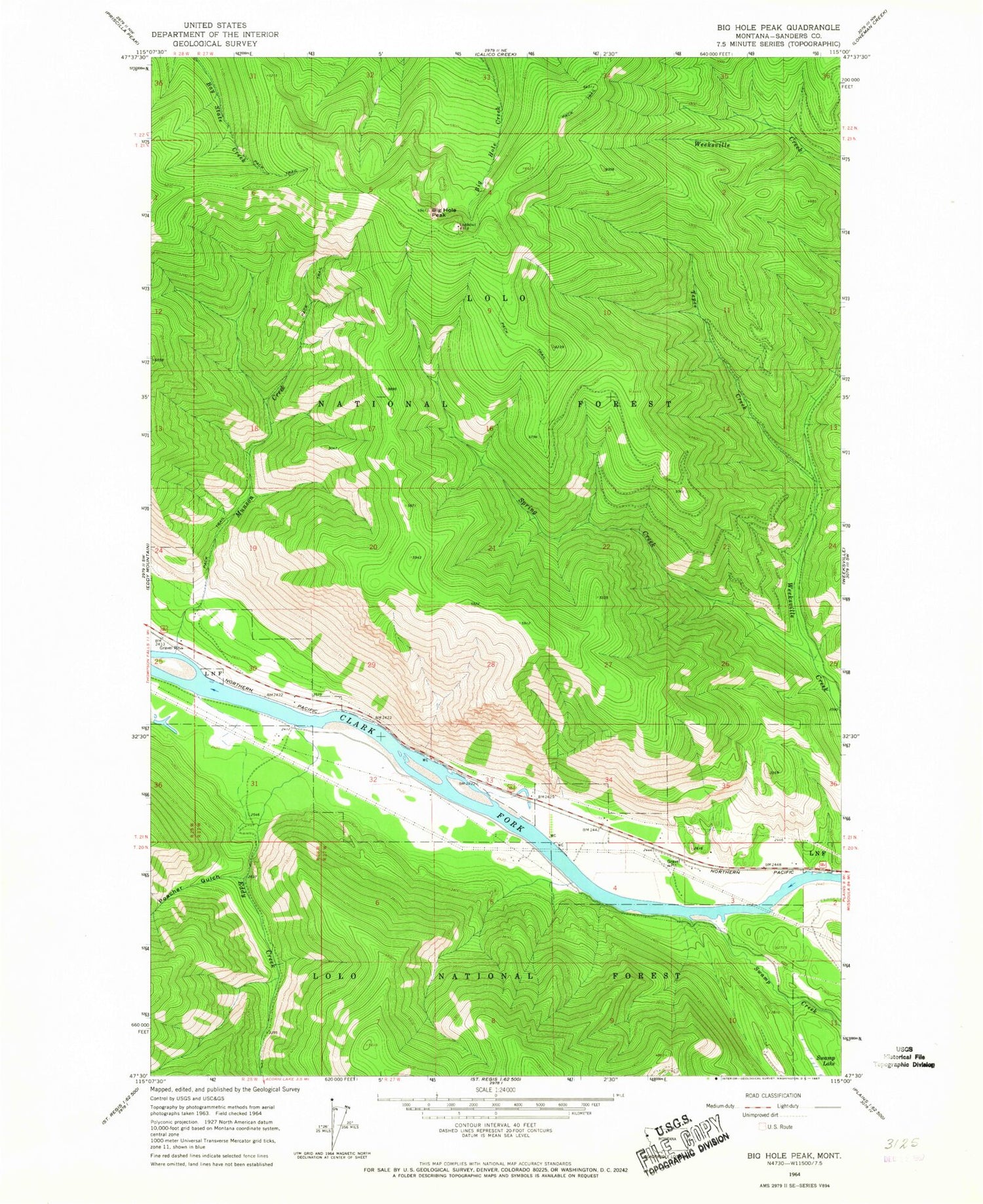 Classic USGS Big Hole Peak Montana 7.5'x7.5' Topo Map Image
