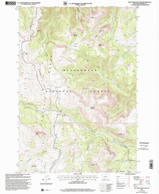 Classic USGS Big Horn Mountain Montana 7.5'x7.5' Topo Map Image