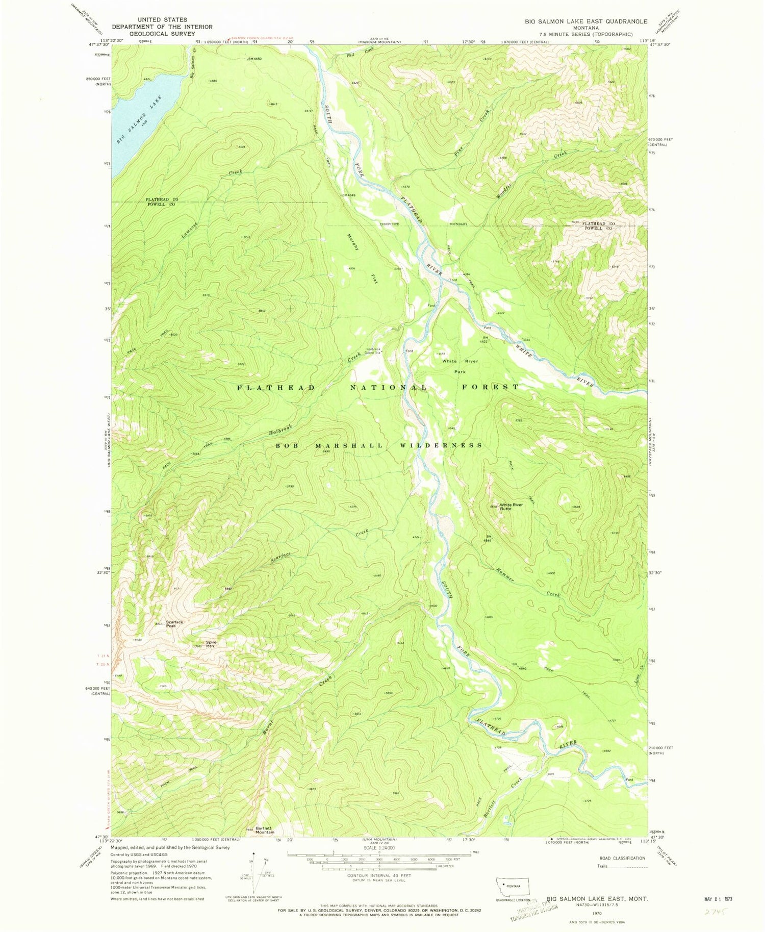 Classic USGS Big Salmon Lake East Montana 7.5'x7.5' Topo Map Image