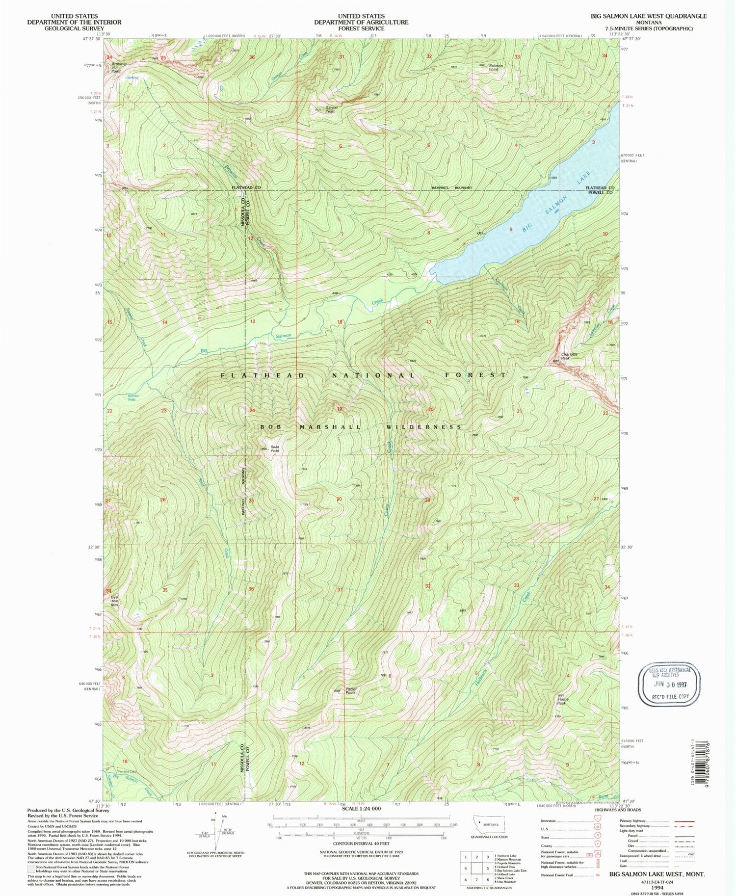 Classic USGS Big Salmon Lake West Montana 7.5'x7.5' Topo Map Image