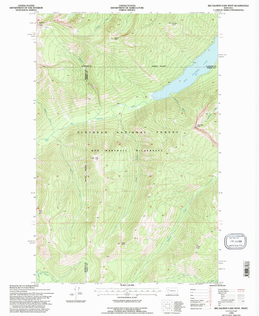 Classic USGS Big Salmon Lake West Montana 7.5'x7.5' Topo Map Image