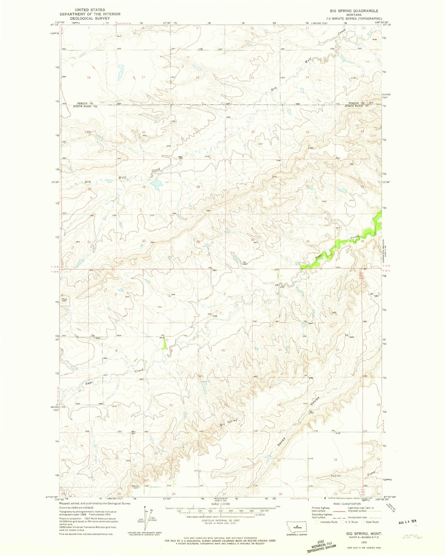 Classic USGS Big Spring Montana 7.5'x7.5' Topo Map Image