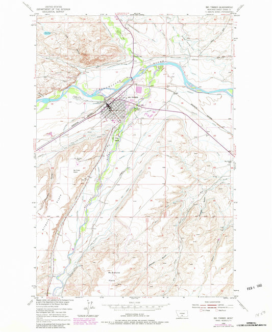 Classic USGS Big Timber Montana 7.5'x7.5' Topo Map Image