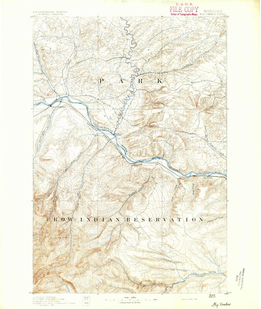 Historic 1891 Big Timber Montana 30'x30' Topo Map Image